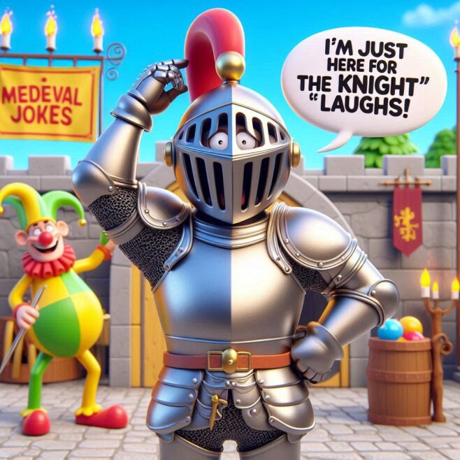 A knight humorously posing, saying, "I’m just here for the knight" "laughs!"