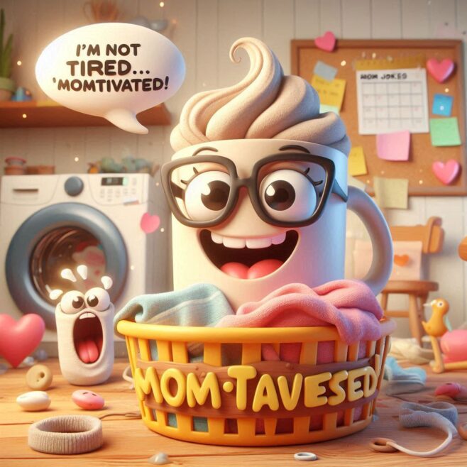 Coffee mug with glasses smiling, laundry basket below with text 'MOM-TAVESSED', tiny character shouting.