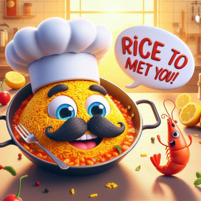 Cartoonish rice dish with a smiling face, chef hat, and shrimp character.