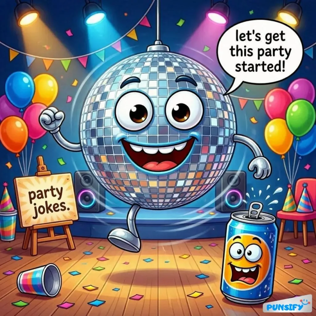 A gleeful disco ball with big eyes, dancing beside a cheerful soda can, ready for a party.
