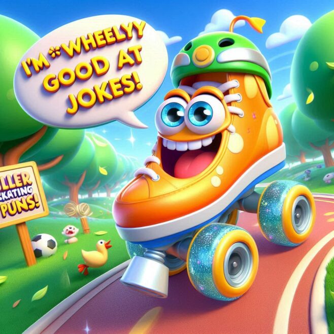 A smiling roller skate with big eyes and a green helmet, rolling on a colorful path, saying, "I'm *wheely* good at jokes!"