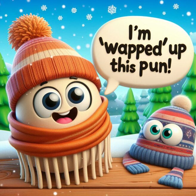 Two cartoon characters in winter hats and scarves, smiling in a snowy landscape.