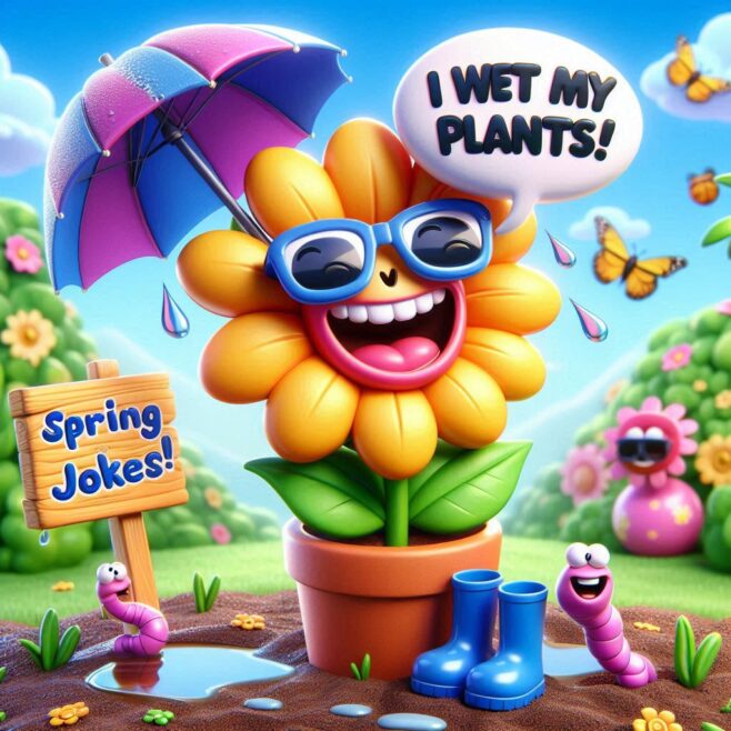Happy flower with sunglasses under an umbrella, saying 'I WET MY PLANTS!' with worms and boots.
