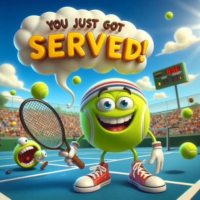 Smiling tennis ball with arms on a court, exclaims 'YOU JUST GOT SERVED!'