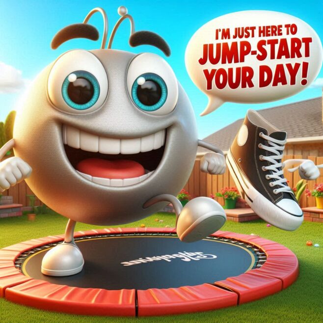 Cheerful character on a trampoline promoting an energetic start to the day.