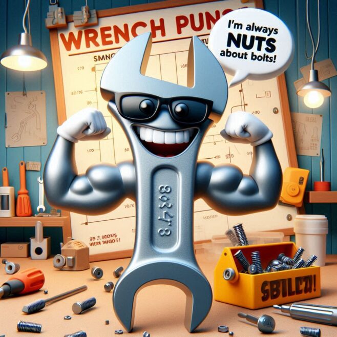 A muscular wrench with glasses flexes its arms in a workshop filled with tools and bolts.