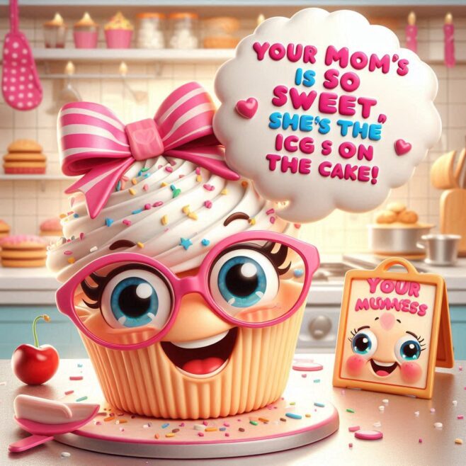 Cupcake with glasses and a speech bubble saying, 'Your mom's so sweet, she's the icing on the cake!'