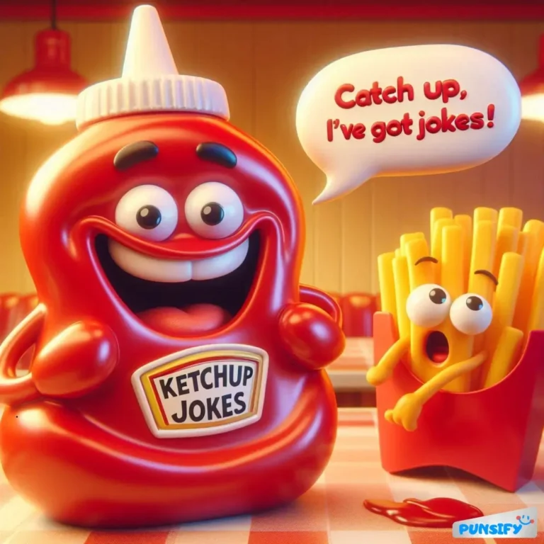 Smiling ketchup bottle with fries saying, 'Catch up, I've got jokes!'
