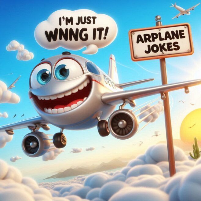 Smiling airplane flying in the sky with a sign for 'Arplane Jokes.'