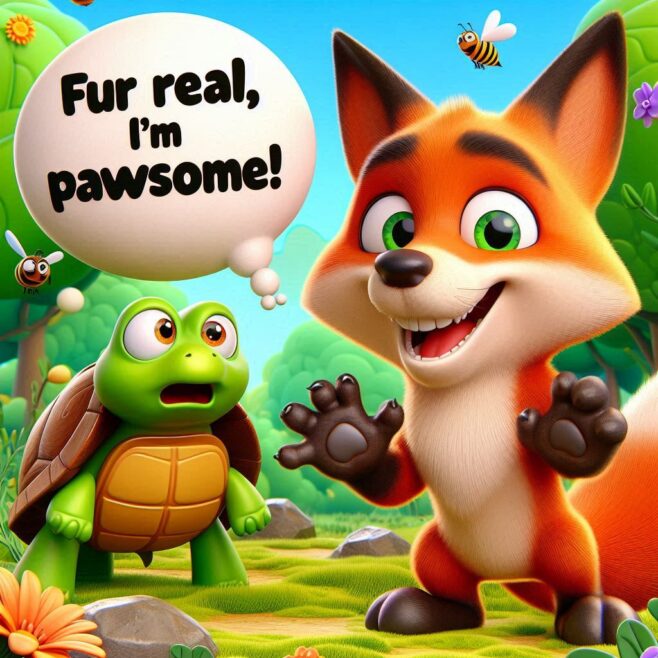 Fox grinning with turtle, speech bubble says, 'Fur real, I'm pawsome!'