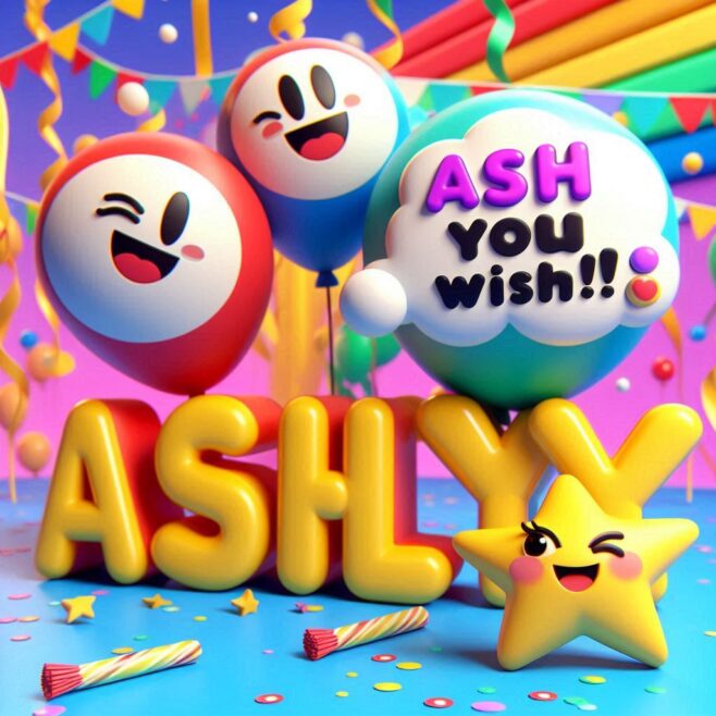 Playful balloons and cheerful star with the text 'ASH YOU WISH!!' in a festive setting.