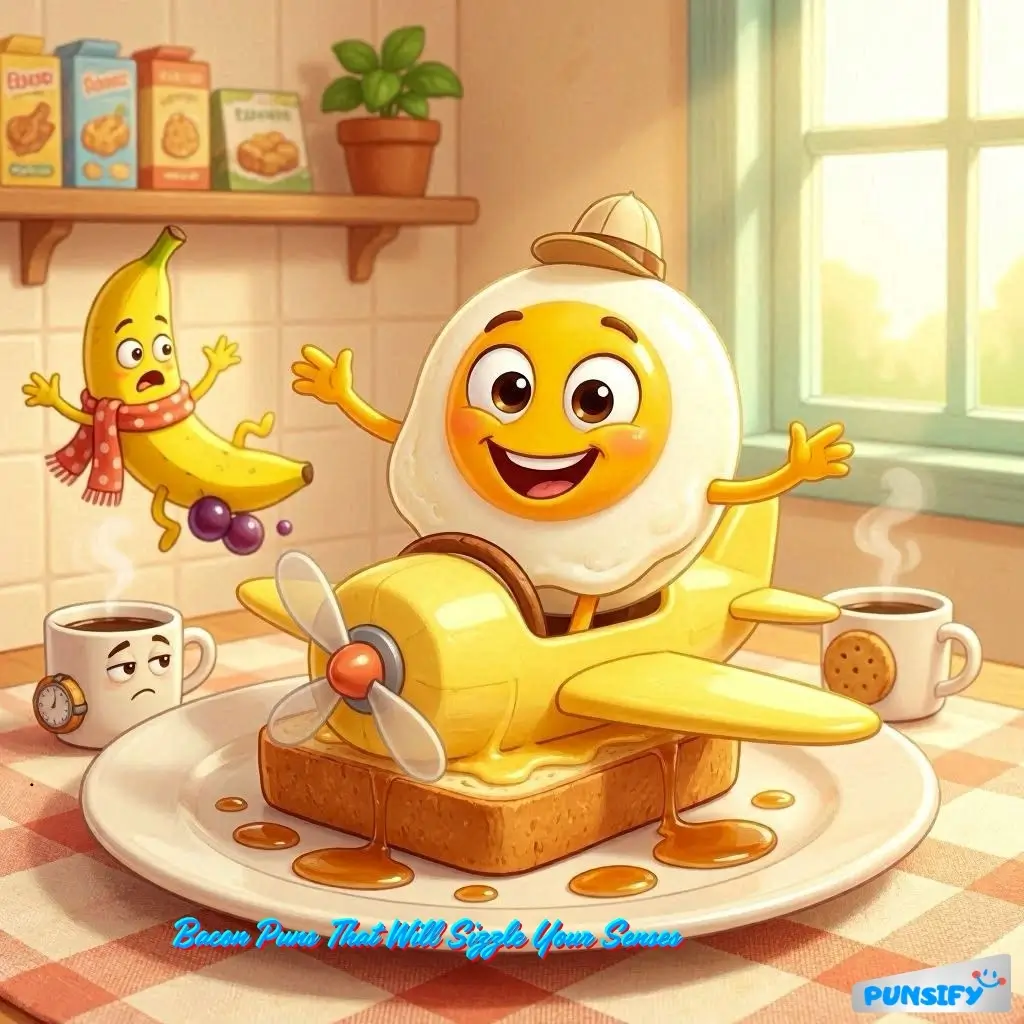 Happy egg flying a plane made of toast, with a banana and grape in the air.