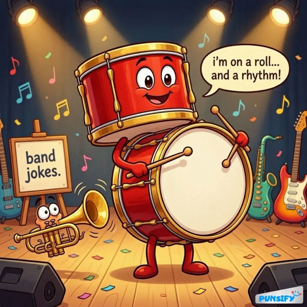 A lively drum character playing energetically on stage with a tuba friend nearby, surrounded by music notes.