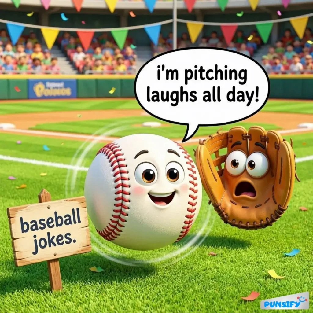 A baseball and glove with expressive faces sharing a joke in a festive stadium.