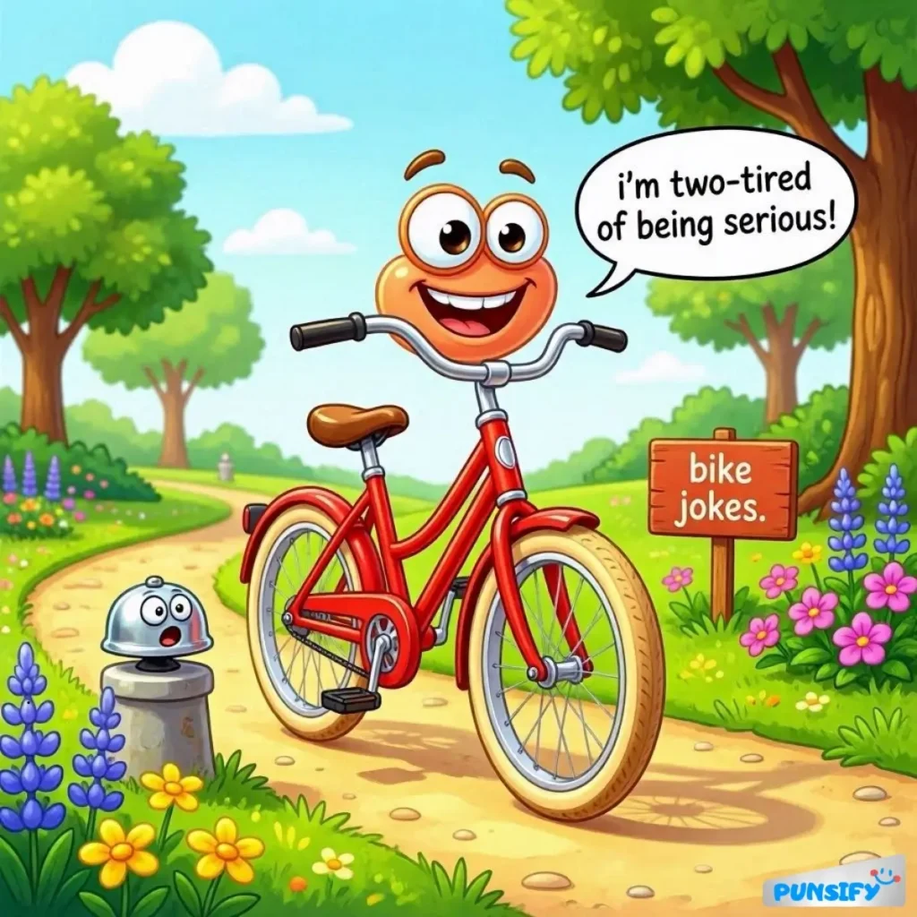 A smiling bike with big eyes beside a sign that says 'bike jokes'.