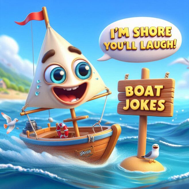 Cartoon boat with smiling face, waves, and speech bubble about jokes.