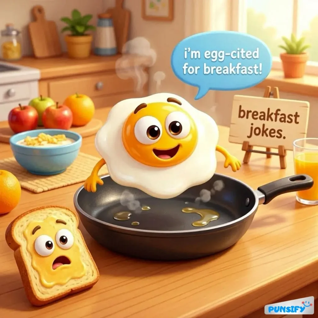 A sunny side up egg character in a frying pan, excited with a toast looking surprised.
