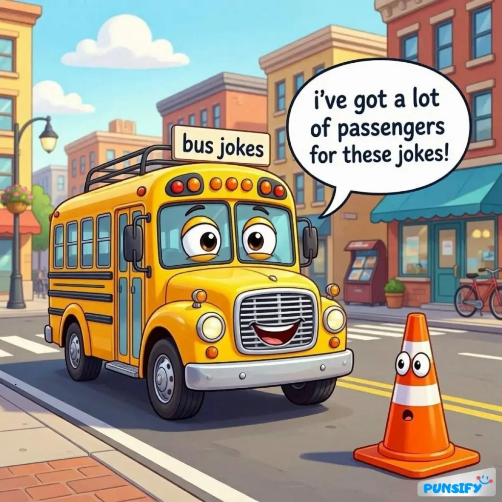 A cheerful bus with a big smile, sharing a pun with a traffic cone.