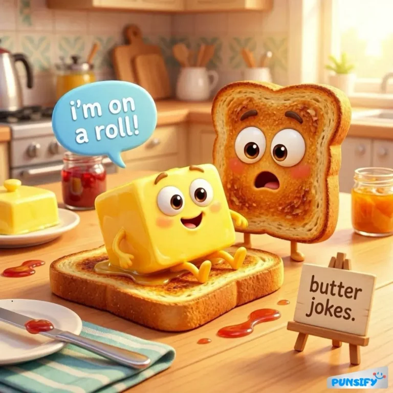 Cheerful butter cube on toast, sharing a joke with surprised toast buddy.