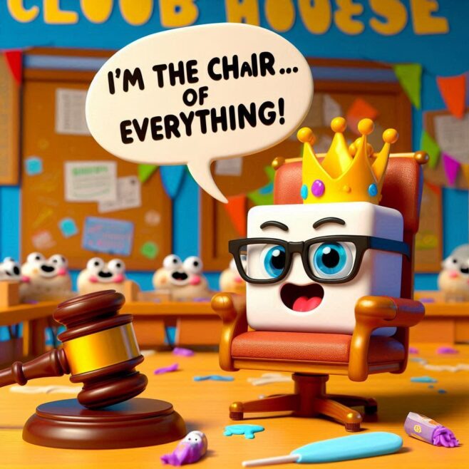 A square character with glasses and a crown sitting in a chair, beside a gavel, confidently exclaiming.