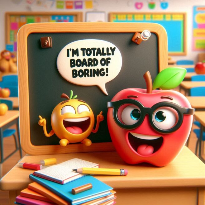 Cheerful cartoon apple and fruit with glasses in a classroom setting.