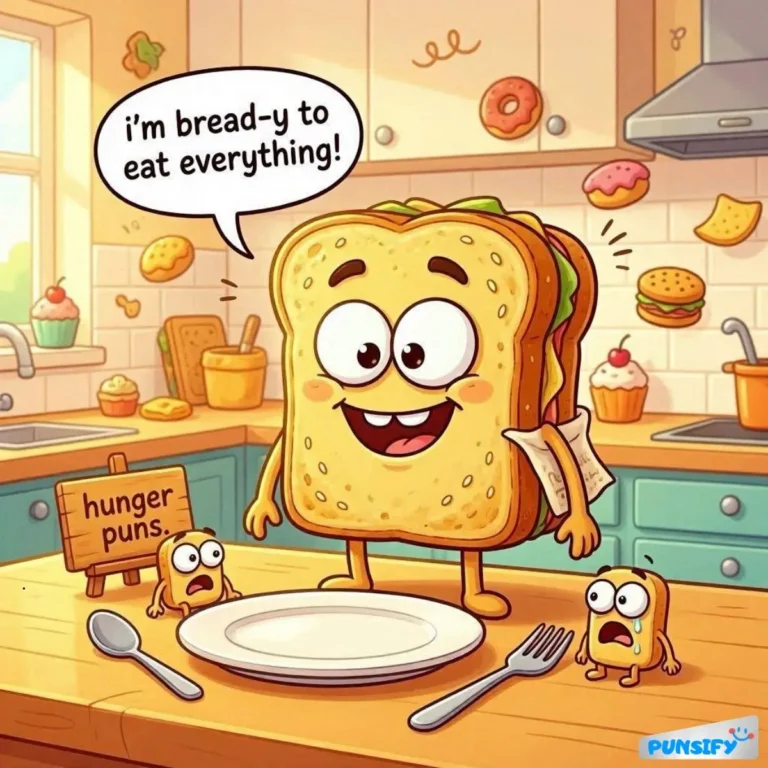 A sandwich character exclaims about being ready to eat everything, with small surprised figures beside it.