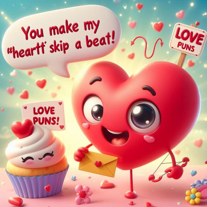 Cheerful heart character holds an envelope, cupcake smiles with hearts around.