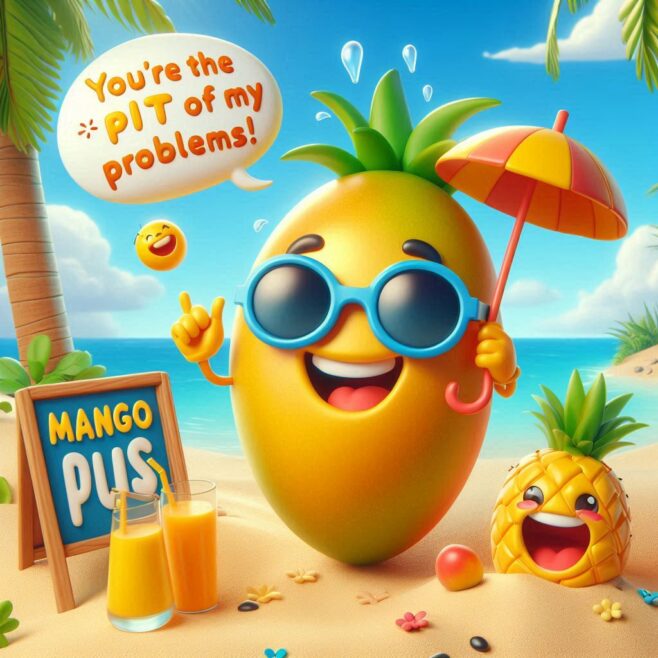 Smiling mango wearing sunglasses, holding an umbrella, with a cheerful pineapple nearby.