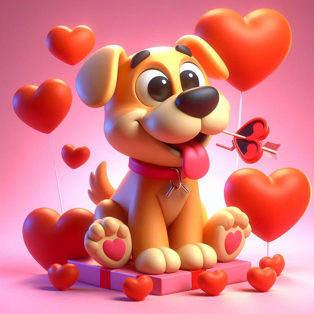 Playful funny 3D cartoon photo with Dog Valentines Puns ChatGPT DALLE 3 inspired 2