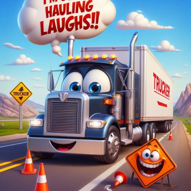 A happy truck with big eyes, exclaiming about hauling laughs, alongside a cheerful traffic cone.