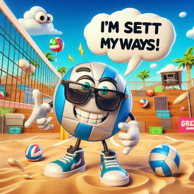 Volleyball character in sunglasses says, "I'M SETT MY WAYS!" with a playful expression, beach scene.