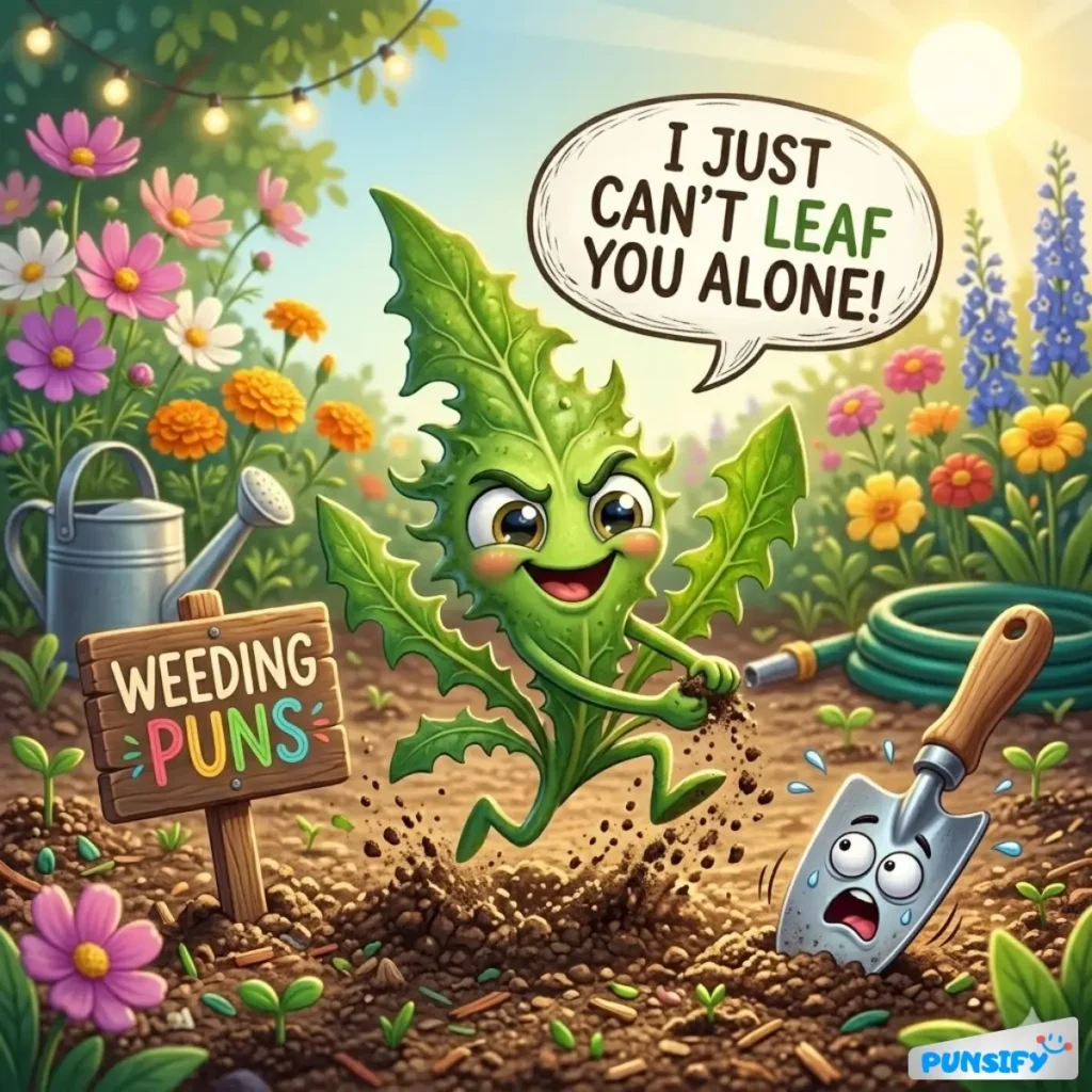 A playful leaf character with a funny expression and a speech bubble saying, 'I just can't leaf you alone!'