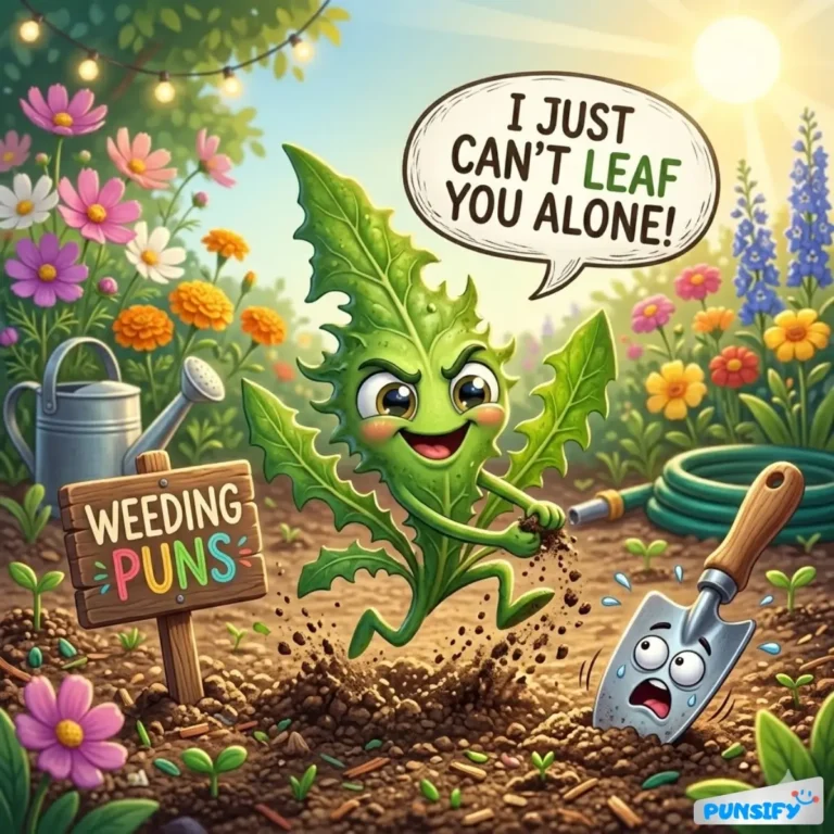 A playful leaf character with a funny expression and a speech bubble saying, 'I just can't leaf you alone!'
