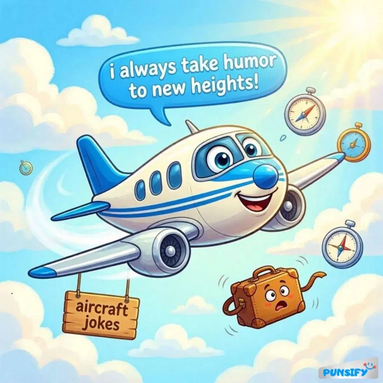 A cheerful plane holding a sign with 'aircraft jokes' and a scared suitcase.