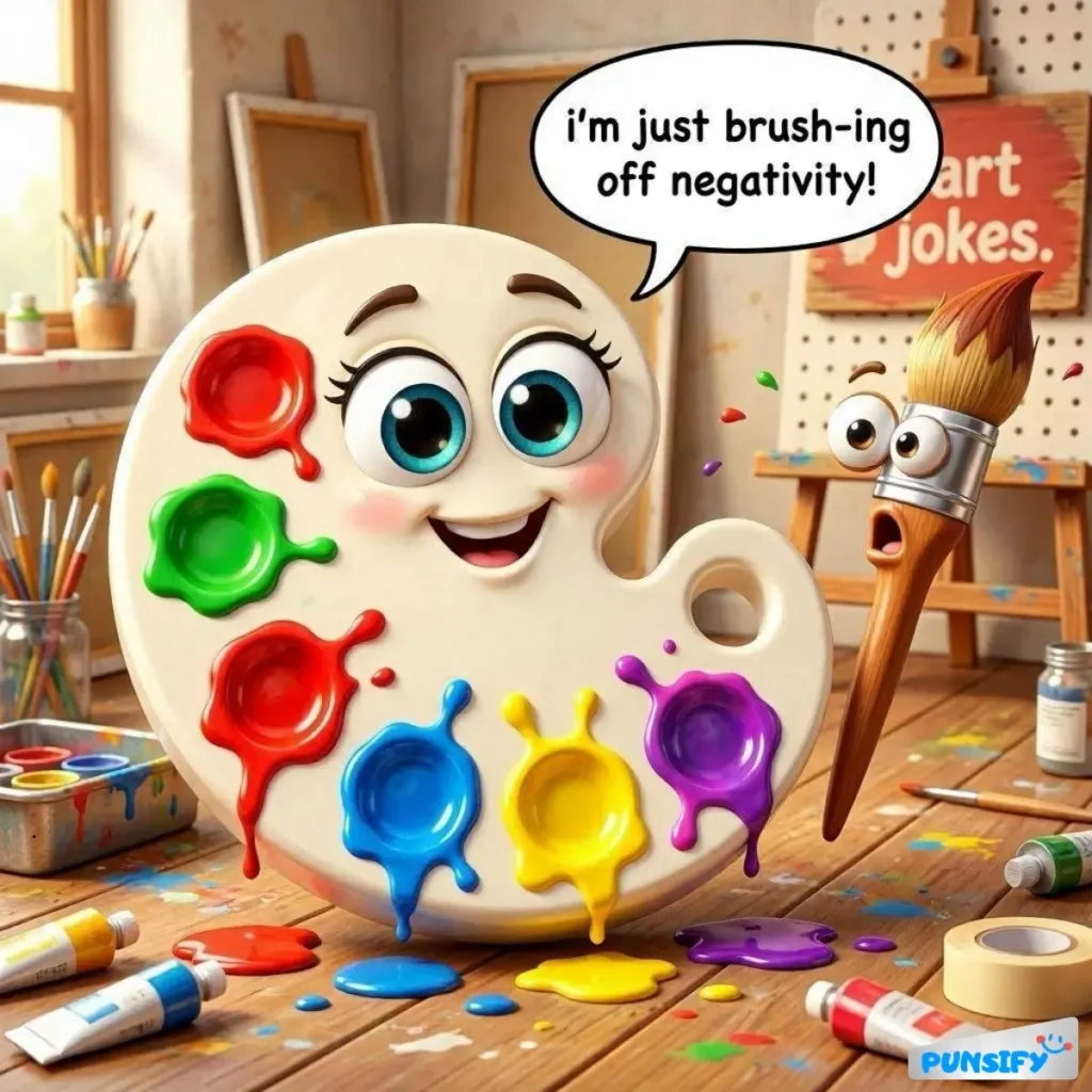 A smiling paint palette with colorful paint spots, holding a brush with a surprised expression.