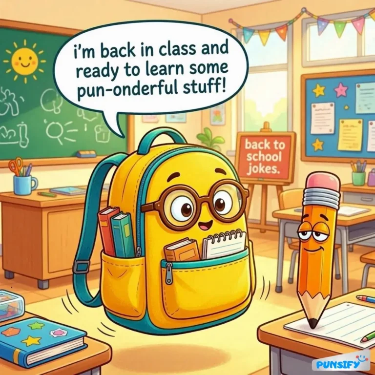 A cheerful backpack with glasses in a classroom, saying, "i'm back in class and ready to learn some pun-derful stuff!"