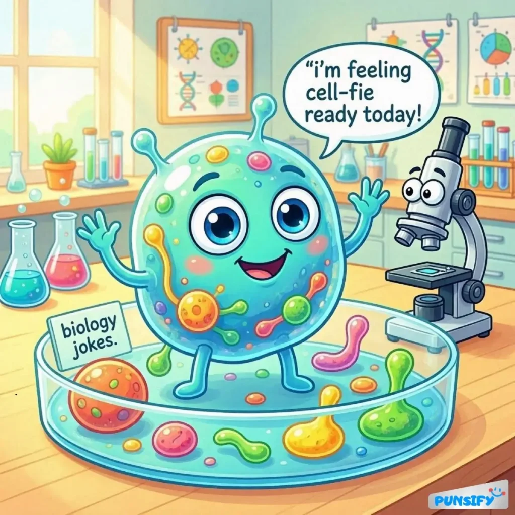 A cheerful blob in a lab, saying, "I'm feeling cell-fie ready today!"