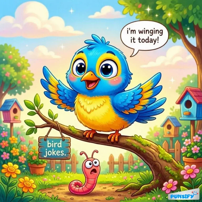 A cheerful blue bird perched on a branch, announcing its plans.