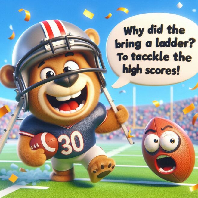 Cheerful bear in football gear with a funny speech bubble and a surprised football character.