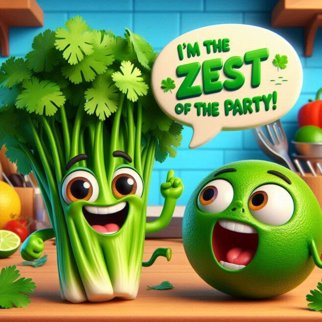 Happy celery and lime character in a kitchen, both excited and smiling.