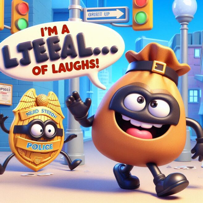 A playful character in a hat and mask, exclaiming about being a "JESTER OF LAUGHS!"