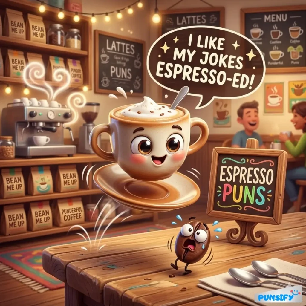 A cute coffee cup with a smiling face and speech bubble, floating above a table with a coffee bean character.