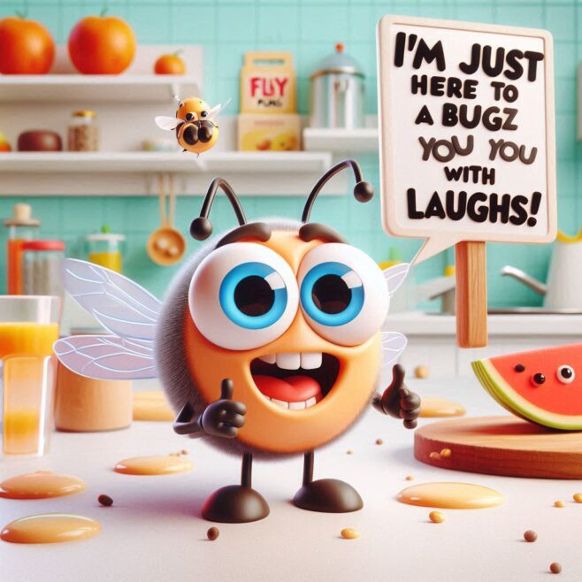 Smiling bee holds sign saying, "I'M JUST HERE TO BUGZ YOU WITH LAUGHS!"