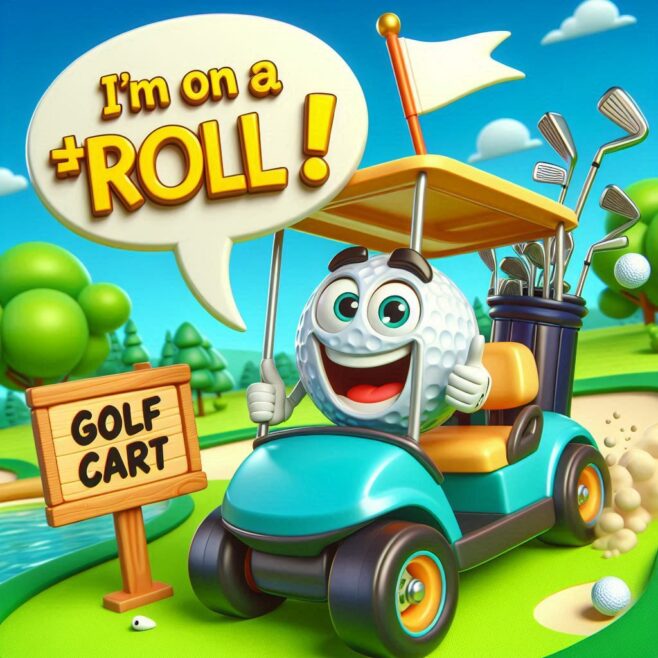 Golf ball character driving a cart, grinning with a speech bubble saying, "I'm on a +ROLL!"