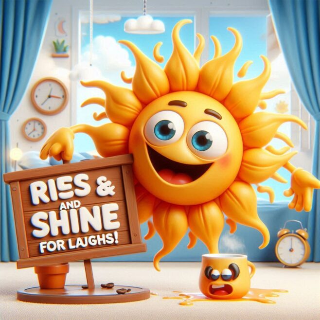 Sunny character holding a sign that says 'Rise & Shine for Laughs!' with a surprised coffee mug nearby.