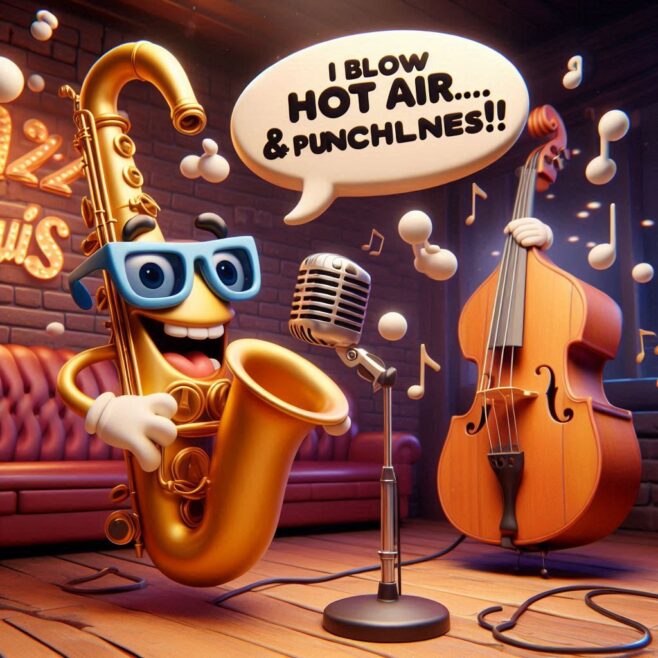 Saxophone character with glasses and a microphone exclaims about music.