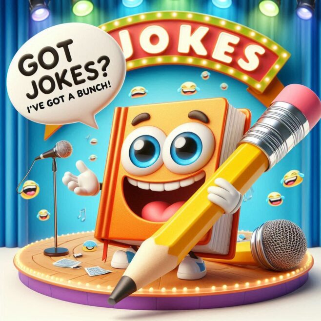 Smiling book with a pencil, microphone on stage, speech bubble: 'GOT JOKES? I’VE GOT A BUNCH!'