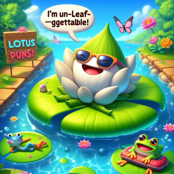 A smiling lotus with sunglasses on a lily pad, surrounded by frogs and flowers.