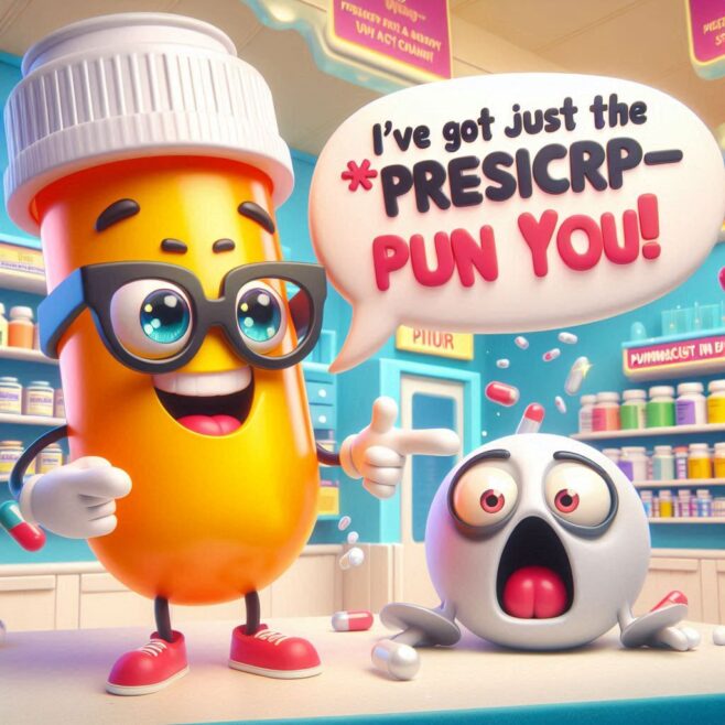 Happy pill bottle with glasses and scared white pill, saying "I've got just the *PRESICRP–PUN YOU!"