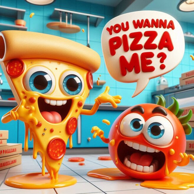 Cartoon characters of a smiling pizza slice and tomato in a colorful kitchen.
